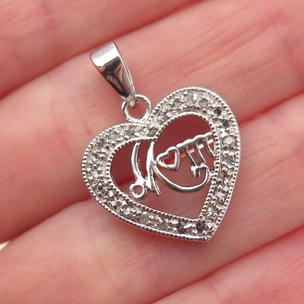 Charles Winston 925 Sterling Silver Real Diamond Mom Heart Charm Pendant